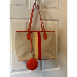Louenhide Canvas Tote Bag Peach Cream Striped Shopper Detachable Coin Purse